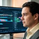 Pensee Wildy, SQL performance lead, reviewing database metrics on a large monitor